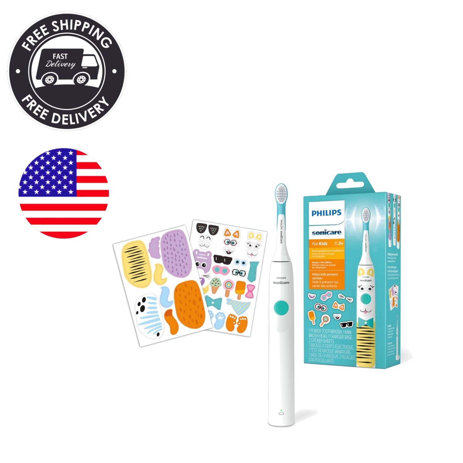 Kids Sonicare Pet Edition Electric Toothbrush with Fun Stickers - 2 Modes