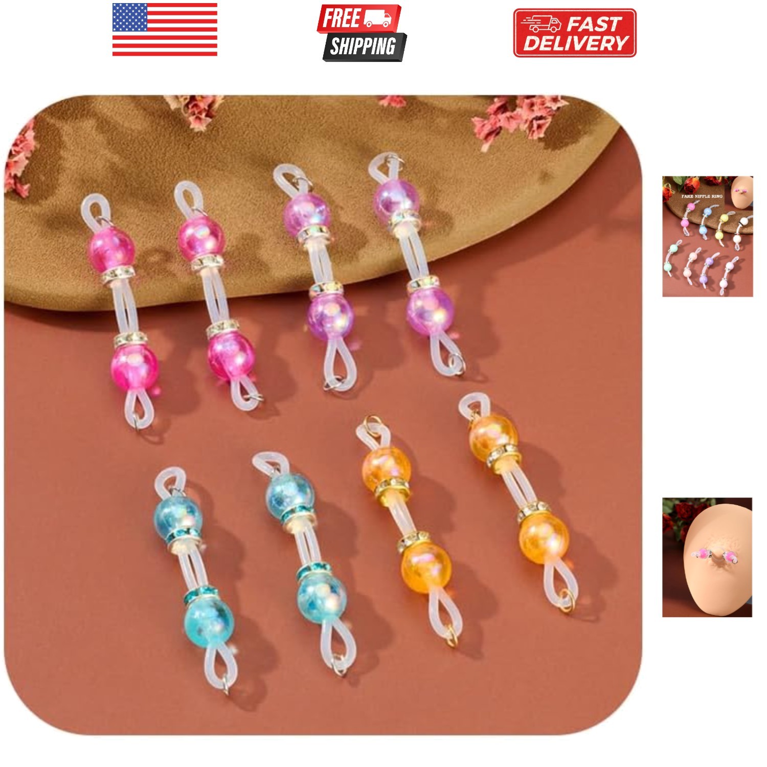 4 Pairs Handmade Fake Nipple Rings,Adjustable Nipple Nooses with 8mm Silicone...