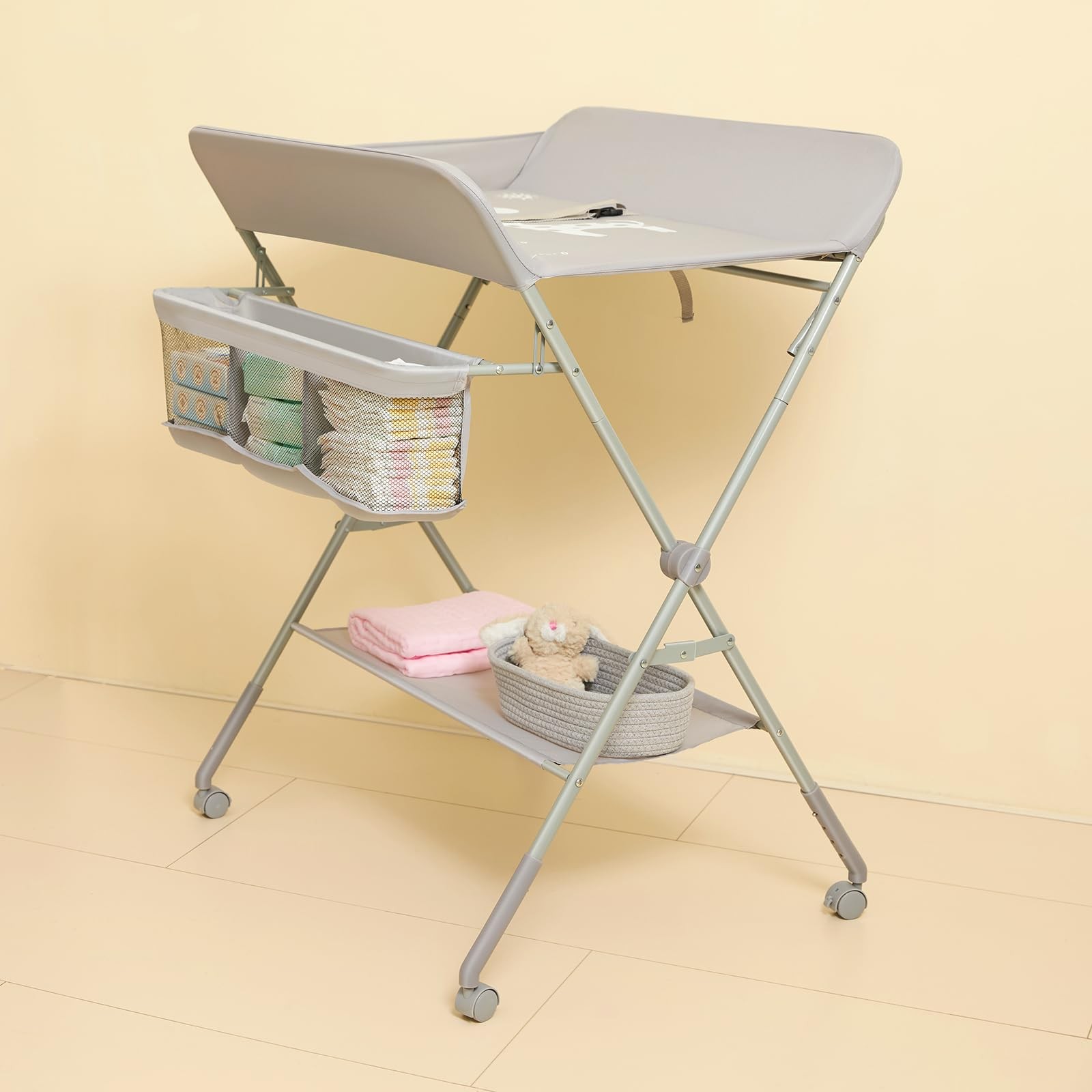 Baby Changing Table with Wheels, Portable Diaper Changing Station with 4-Leve...