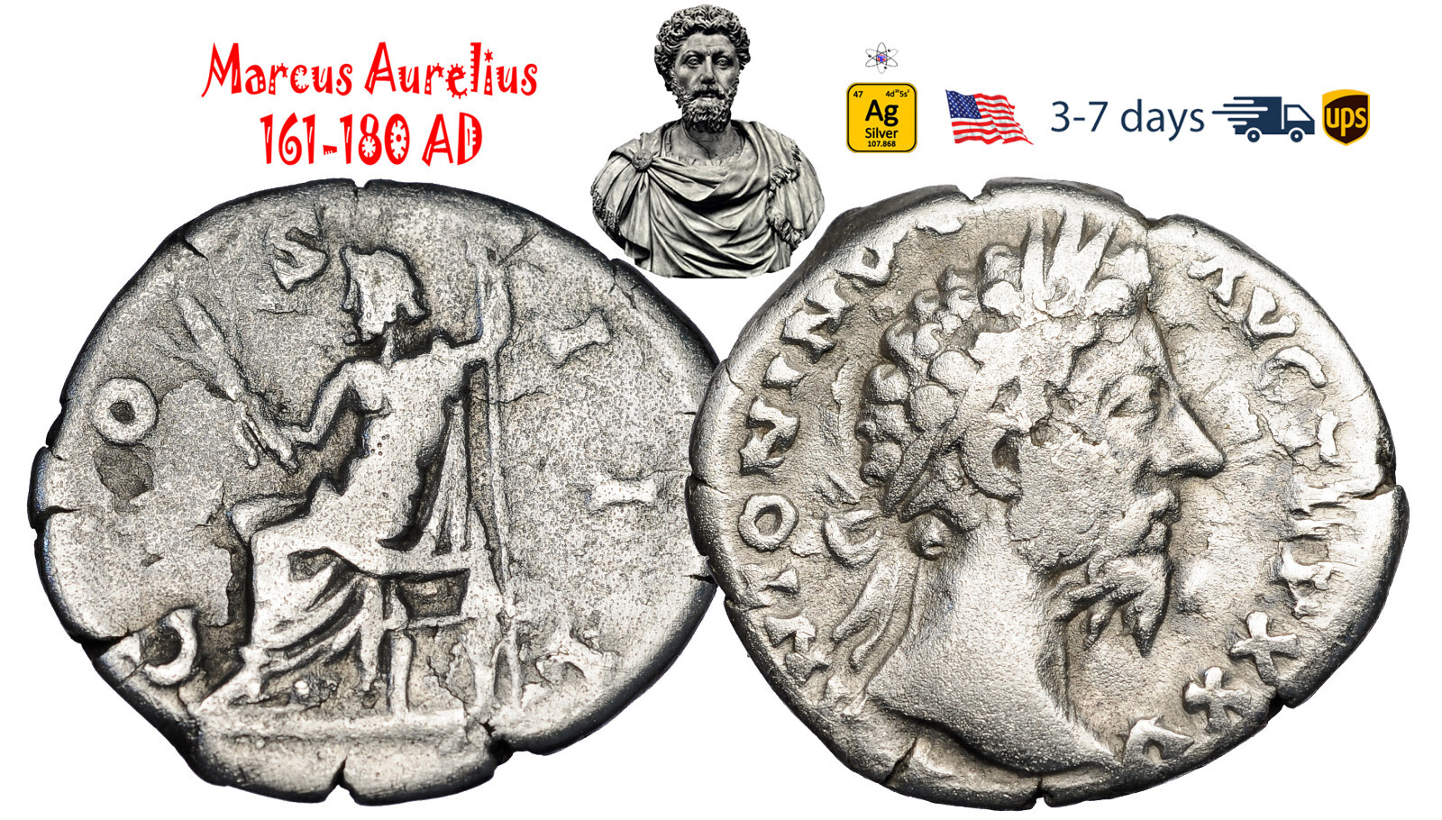 Ancient Roman Empire Coin Silver Denarius Marcus Aurelius 161 180 AD #33368