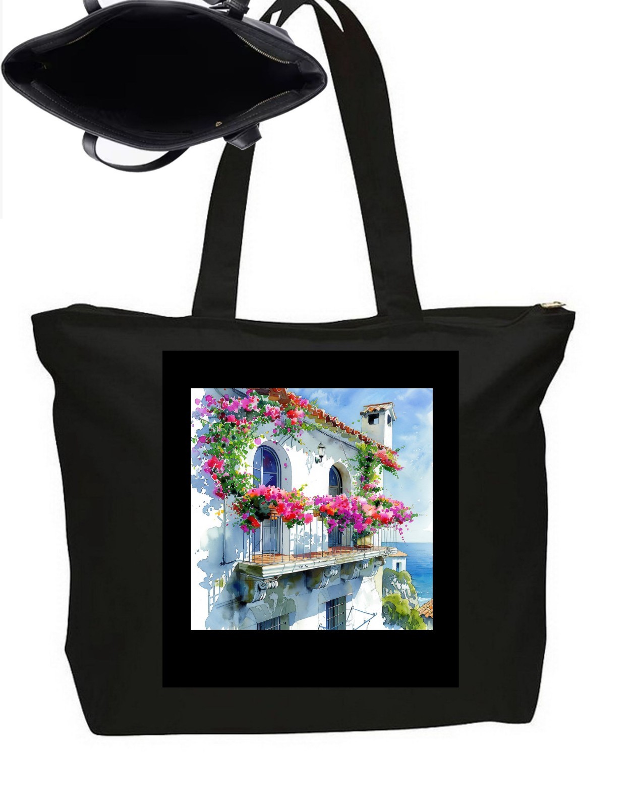 Seaside Ocean Greece Santorini Tote Bag   Zipper Closure Travel Poster Art 20"