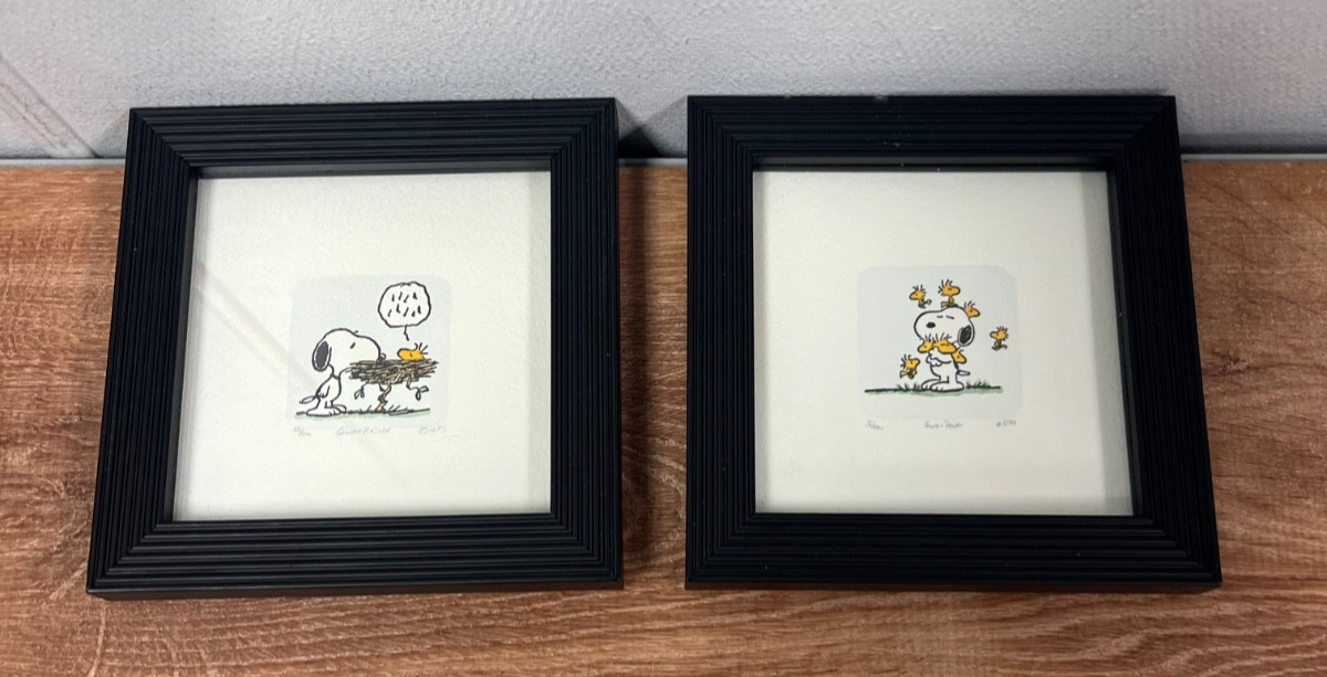 Pair of 2 Peanuts Snoopy Woodstock Sowa Reiser Hand Colored /500 Framed 5”