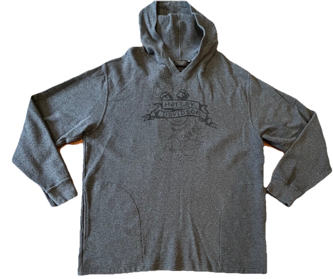 Harley Davidson Y2K Gray Hooded Thermal Waffle Knit Shirt Men’s Size XXL Pockets
