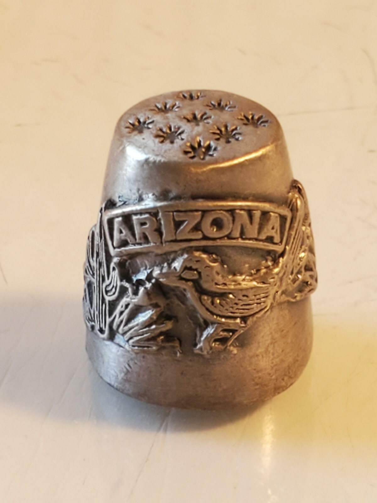 Vintage pewter thimble Arizona Cactus Roadrunner under the stars box5