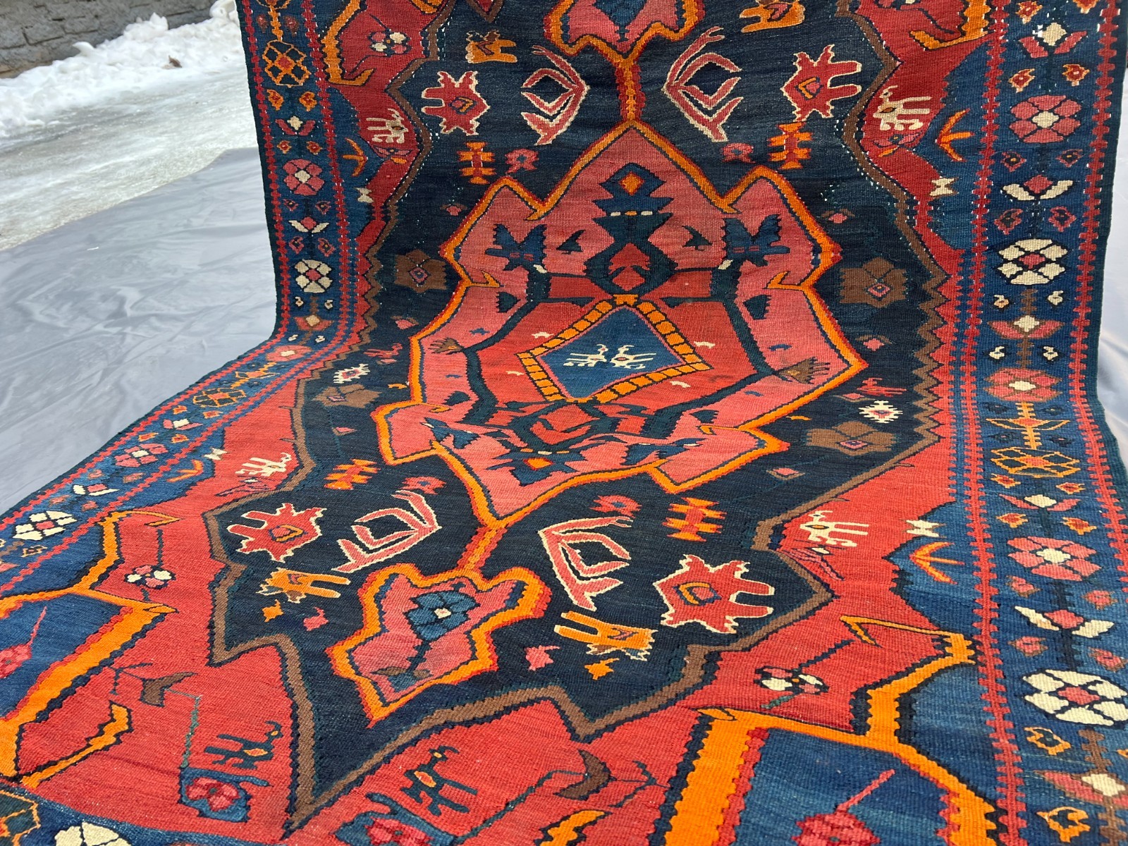 Handwoven Antique Caucasian Kilim Rug 4x5 Fine Red Medallion Persian Area Carpet