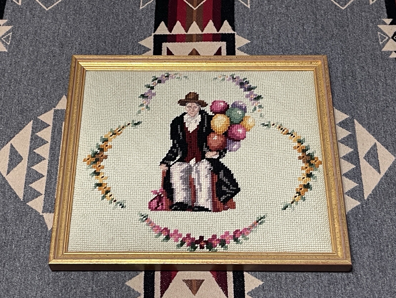 Royal Doulton Balloon Man Handwoven Framed Art 14x12 Vintage