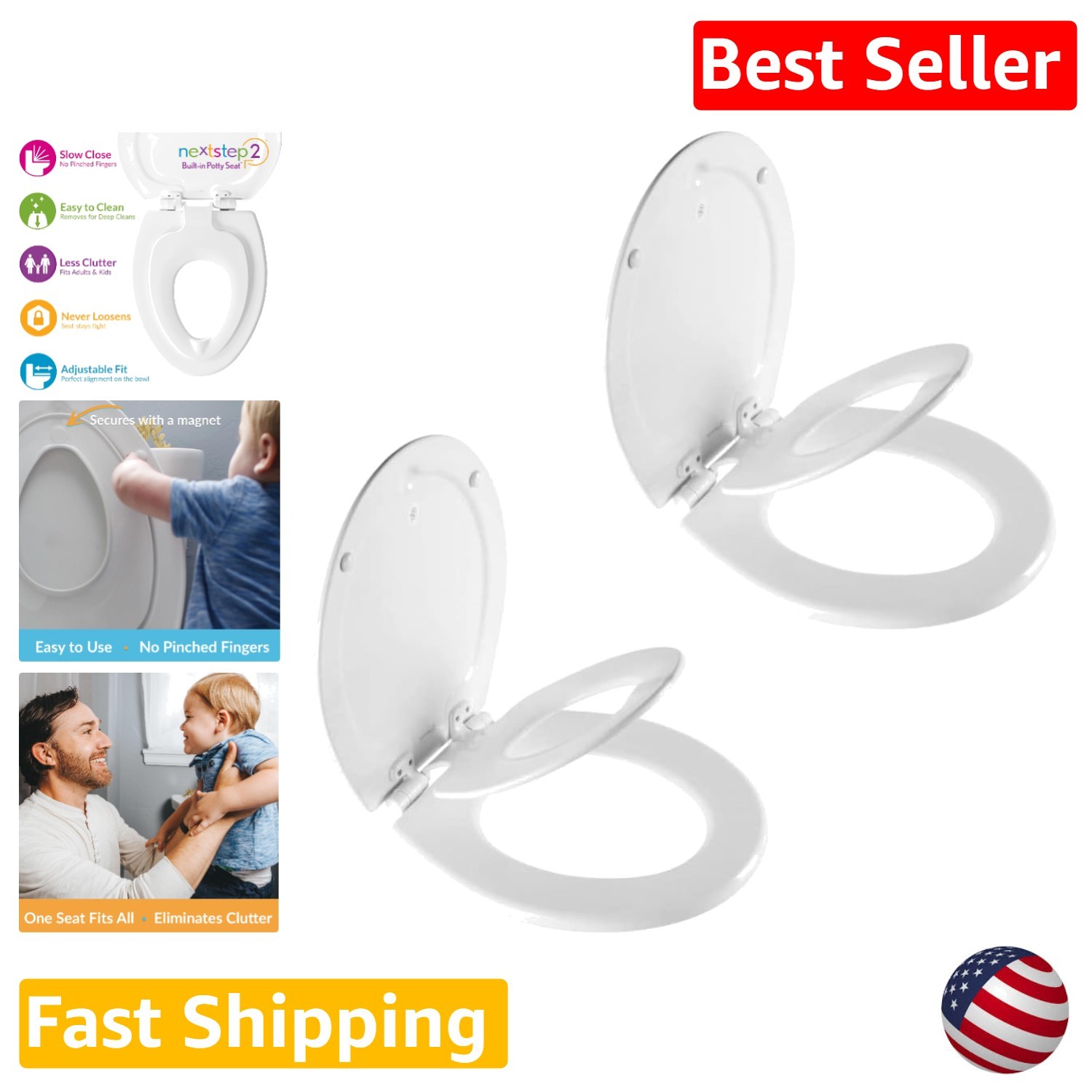 Durable Round Toilet Seat 2-Pack White, Potty Seat, Slow Close, Stay-Tite Hinges