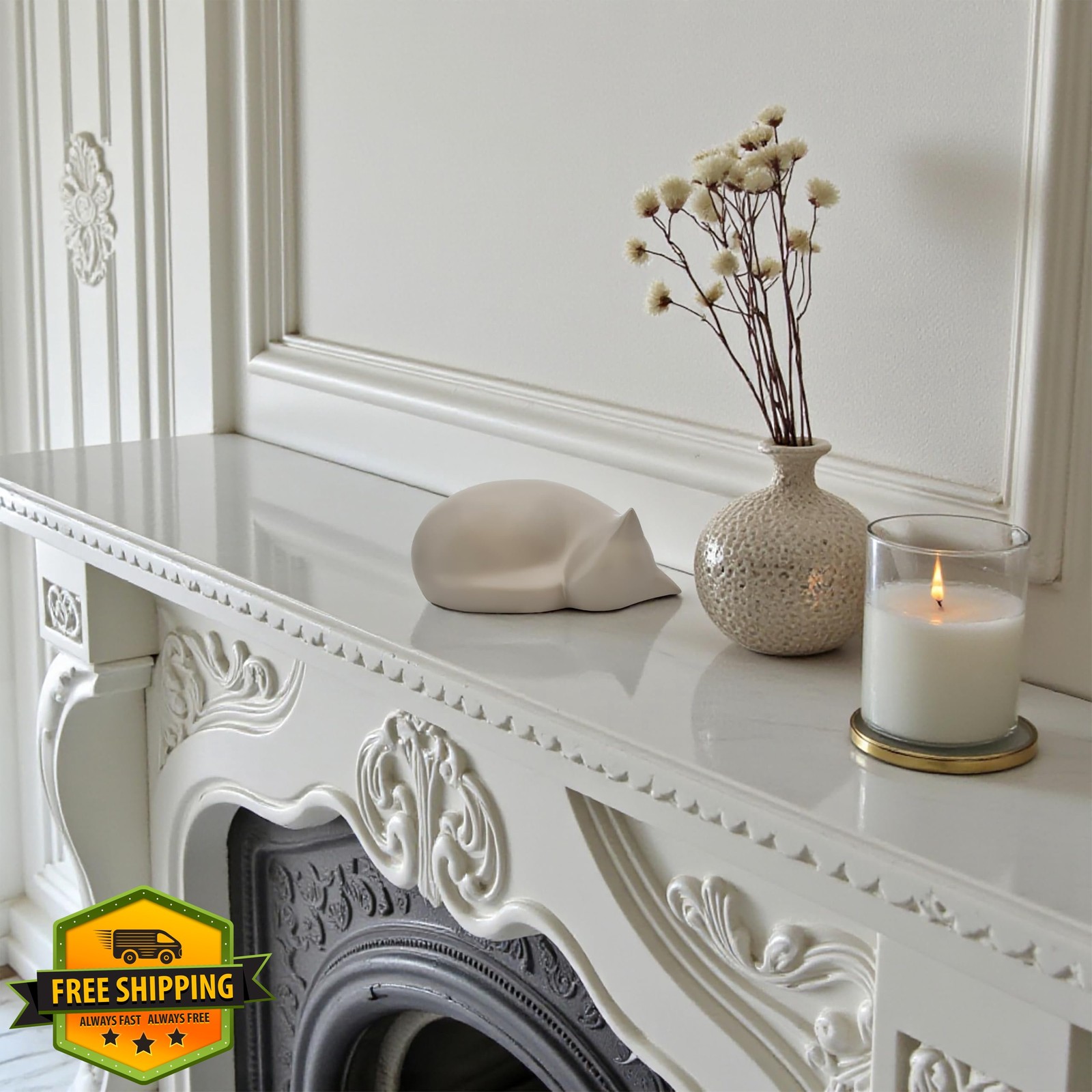 Comemori Sleeping Cat Funeral Urn, Light Taupe (Beige, Sandy)