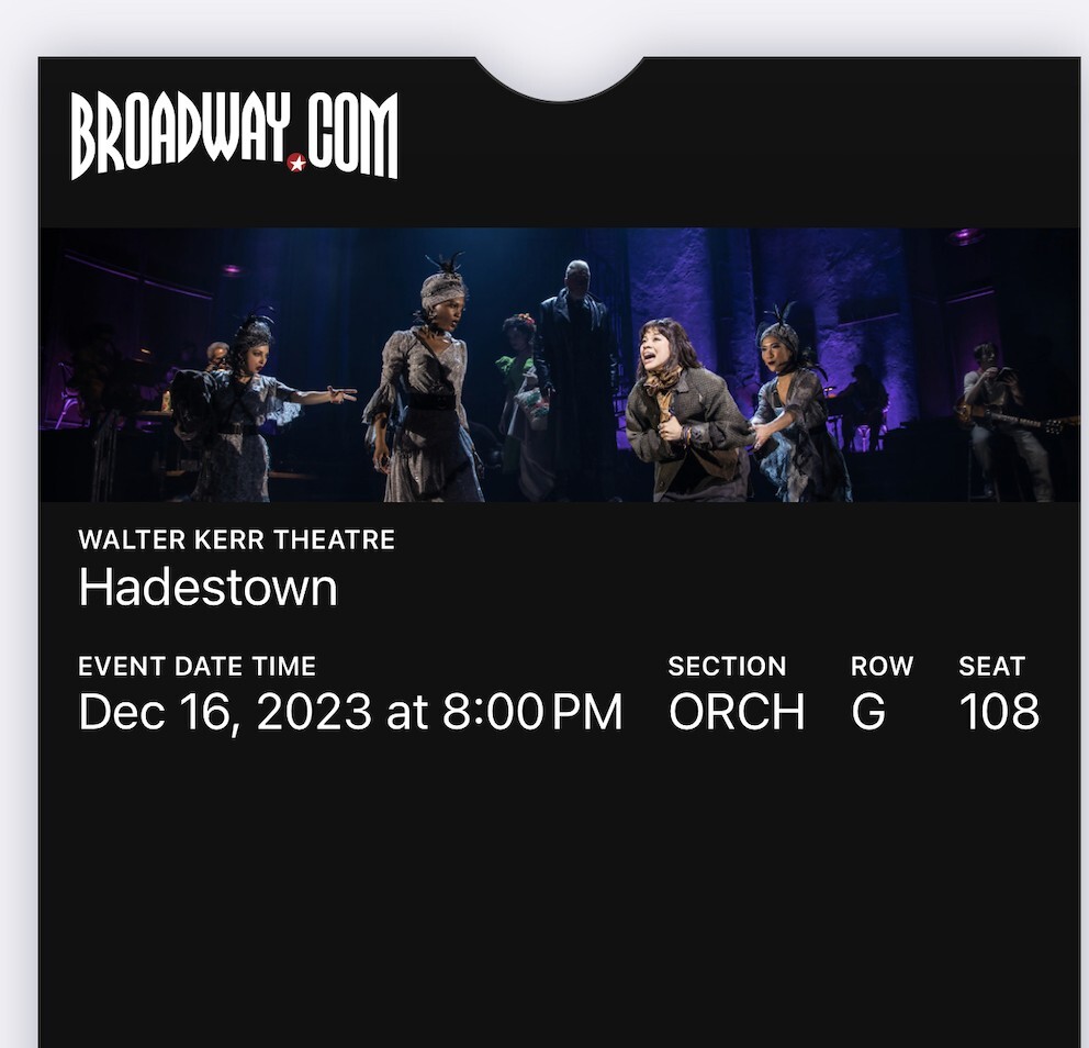 Hadestown Broadway: 2 Great Seats in Center Orchestra  12/16/2023 8pm Show