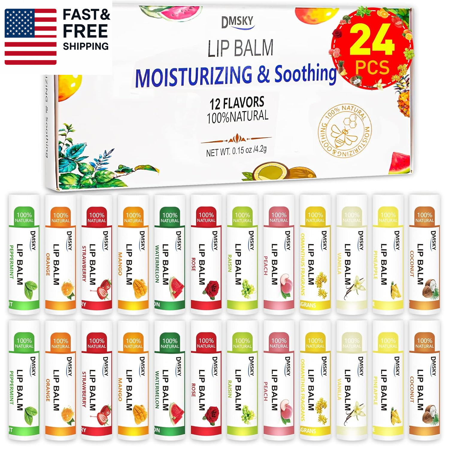 24 Pack Natural Lip Balm with Vitamin E and Coconut Oil, Moisturizing Lip Balm 