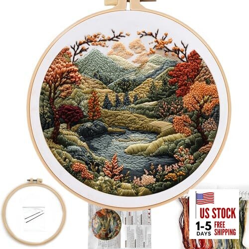  Embroidery Kit for Beginners, Boho Nature Landscape Pre-Stamped Flowers Hills