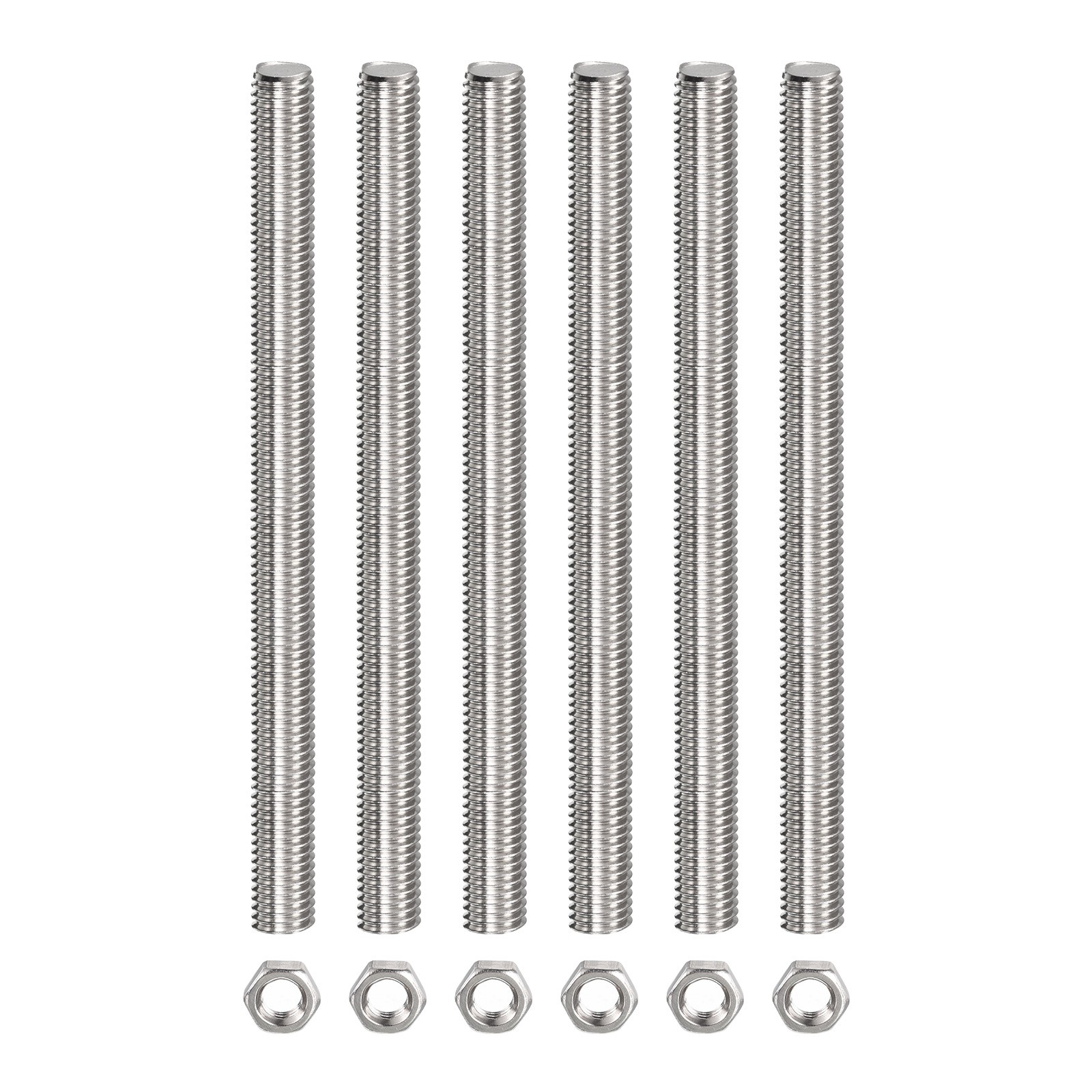 Fully Threaded Studs(with 6 Pcs Hex Nuts)-M12 x 200mm,1.75mm,Silver,6 Pcs