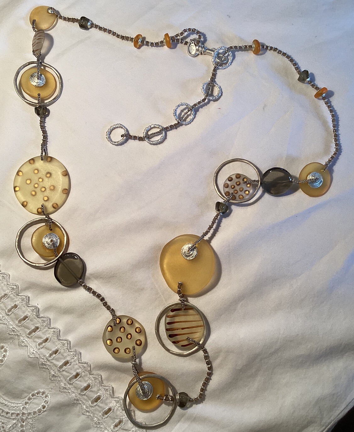 Orna Lalo Artist Necklace, Golds & Yellows With Circleson Gold Chain, Long