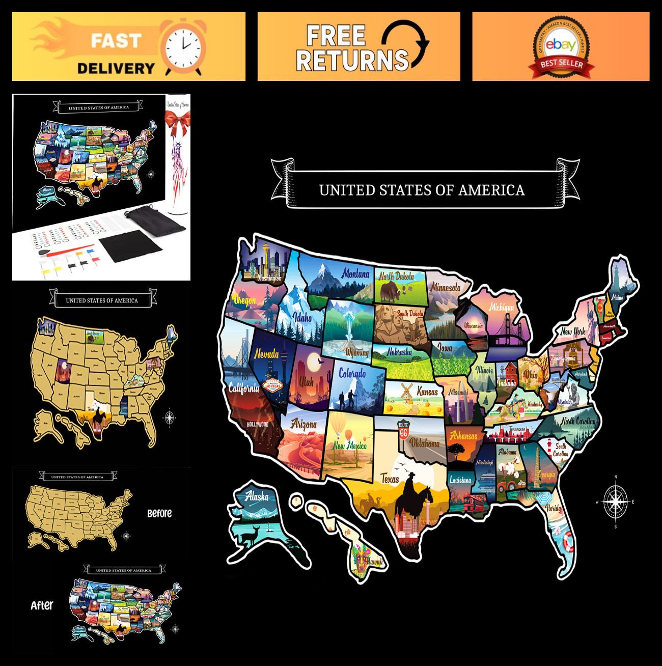 Large Scratch-Off USA Map 23x16 - Travel Tracker, Laminated Home Décor, Gift for