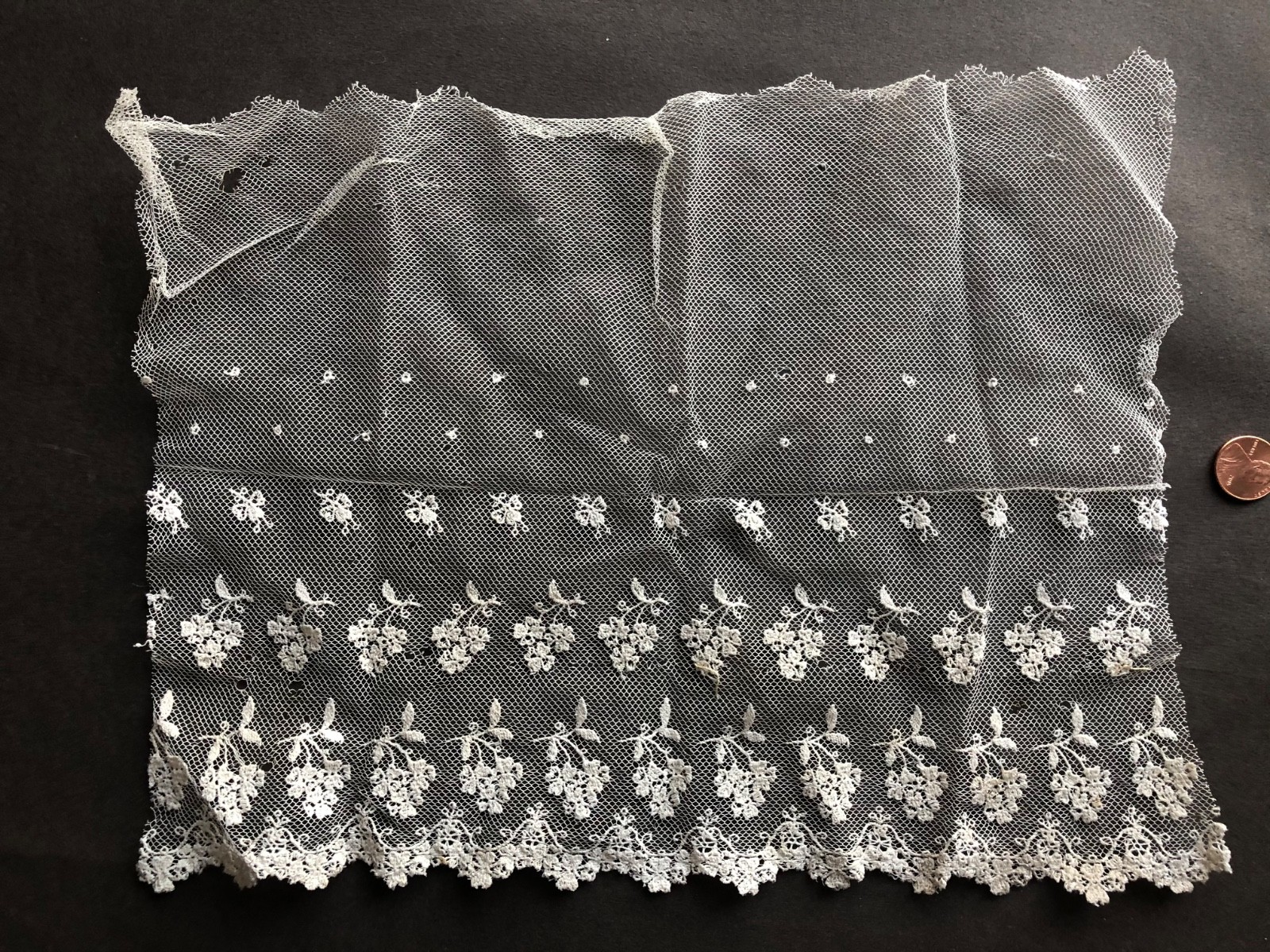 Vintage cotton machine embroidered net flounce fragment lower sprigs