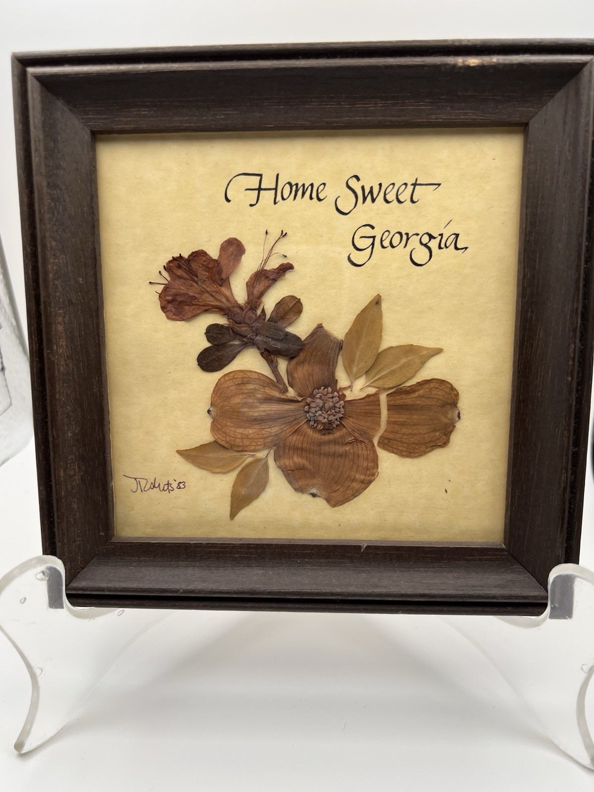 J. Roberts Home Sweet Georgia Mixed Media Collage Framed Dried Flowers Art 1983