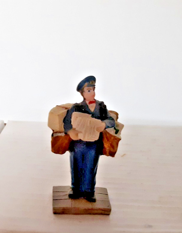 Holiday time Christmas village train mailman postman 2.5" tall