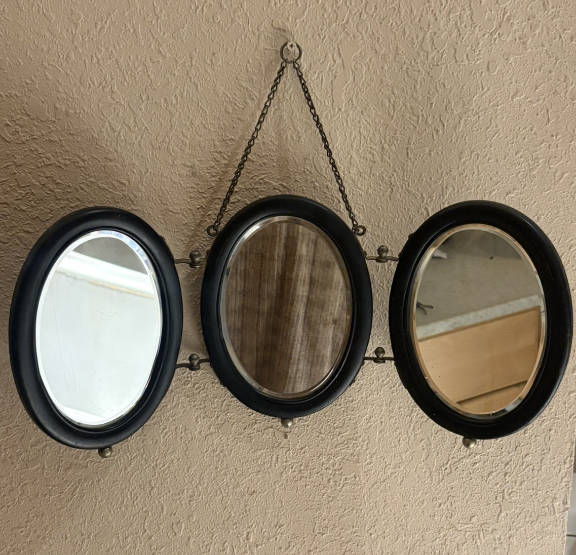 ANTIQUE Tri-Fold Nautical Shaving Mirror Oval Heavy Wood. 