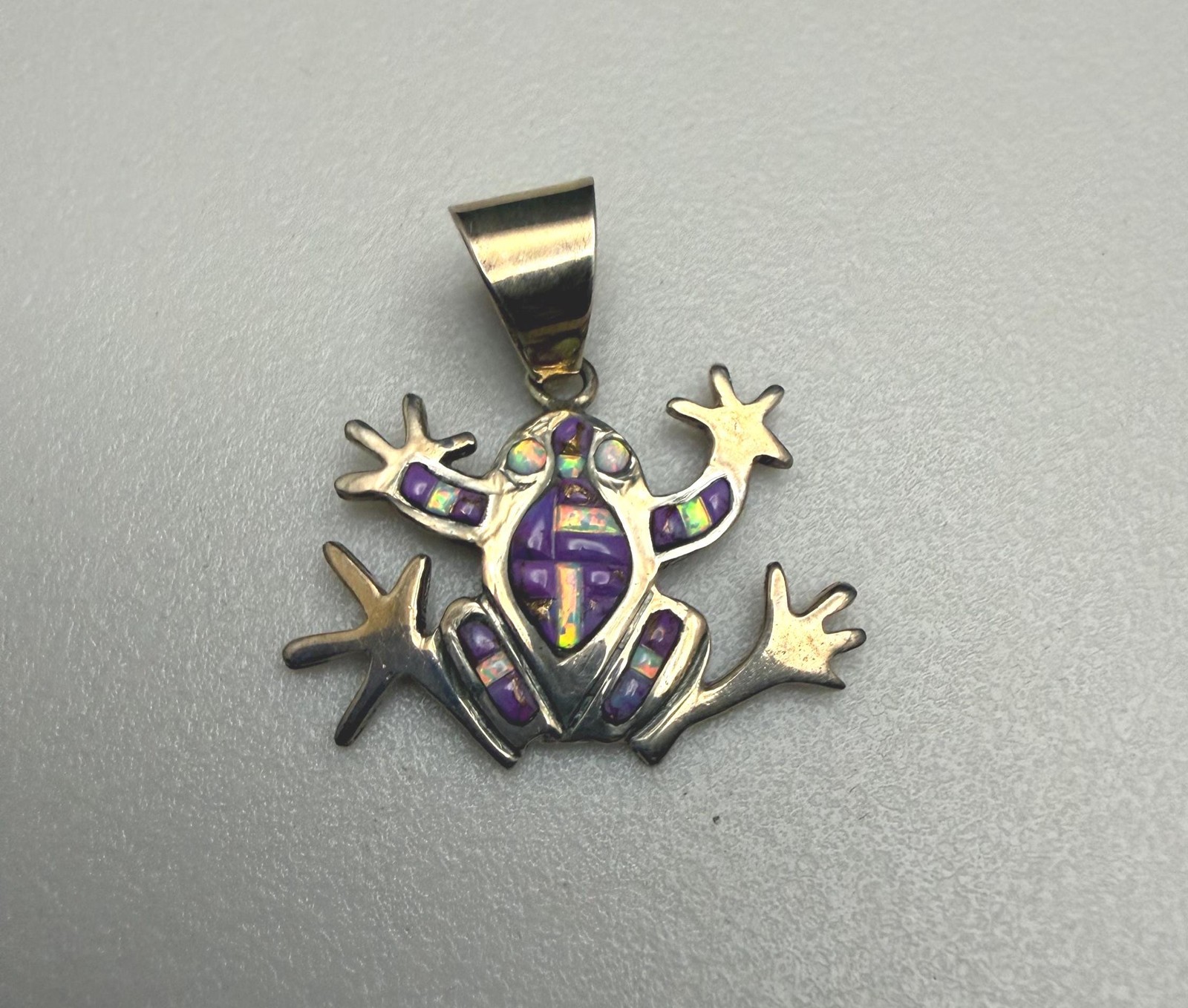 Sterling Silver Mohave Purple Turquoise & Opal Inlay Southwest Frog Pendant