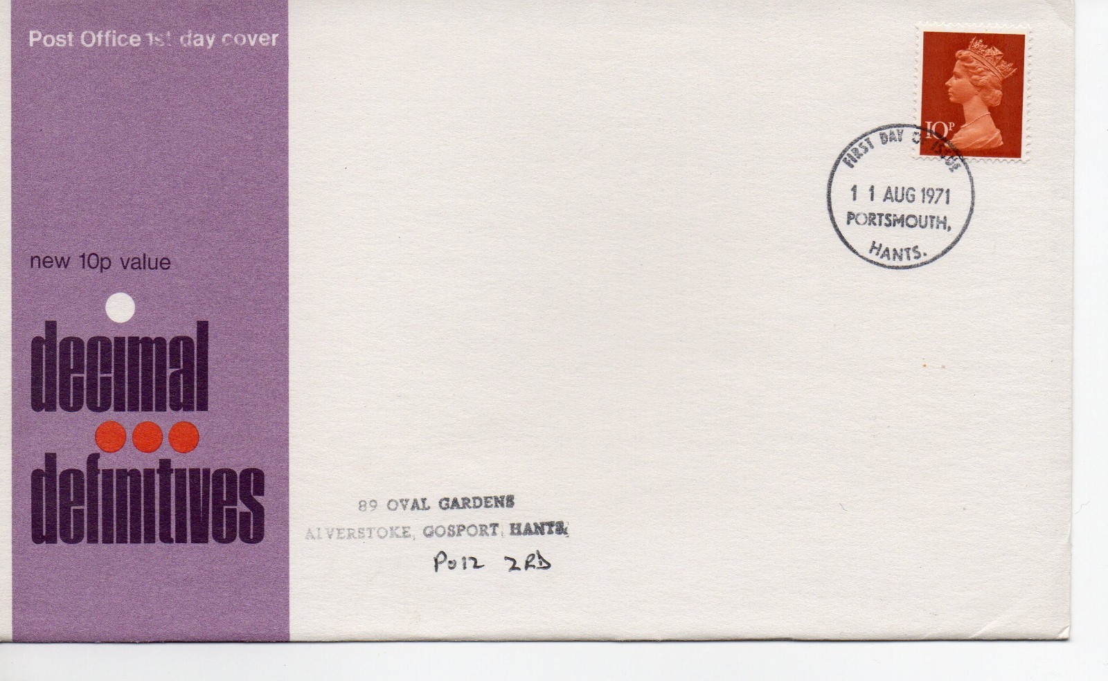 GB - First Day Cover (C 1 ) 1971 Machin - 1 value to 10p -  pmk. Portsmouth