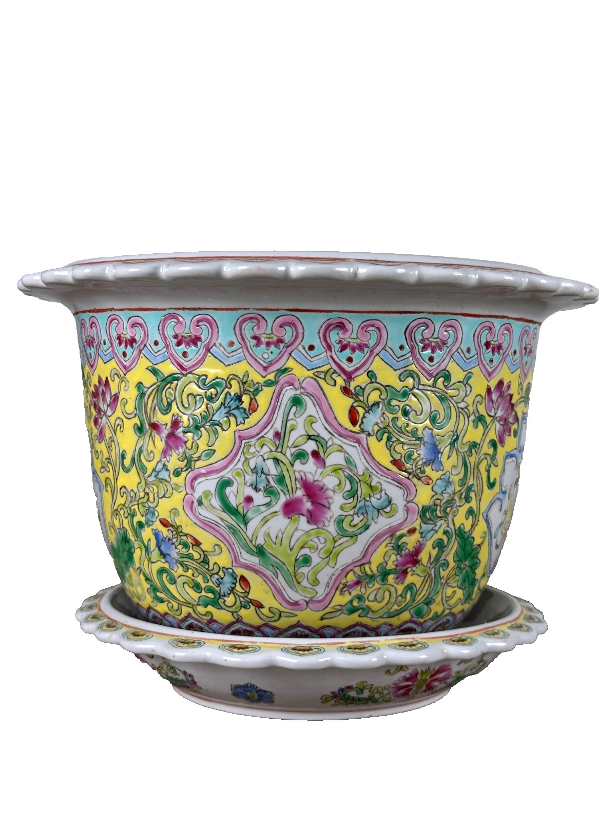 Ancien Cache-pot Chinois Porcelaine Emaux Famille rose Jaune Qianlong XXème