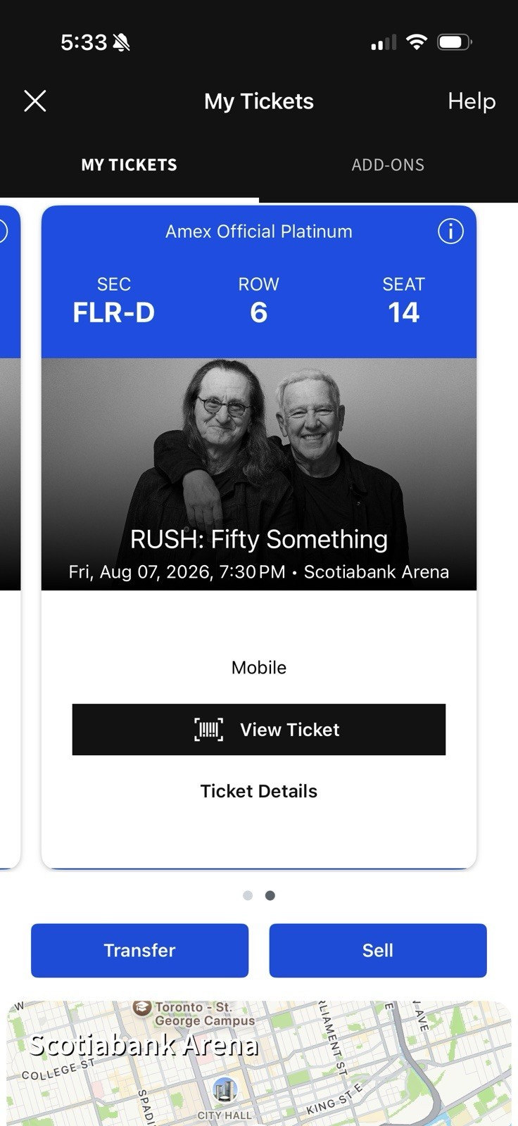 Rush Live in Toronto 8/7/26 – 1 Concert Ticket – Scotiabank Arena Row 6 Seat 14