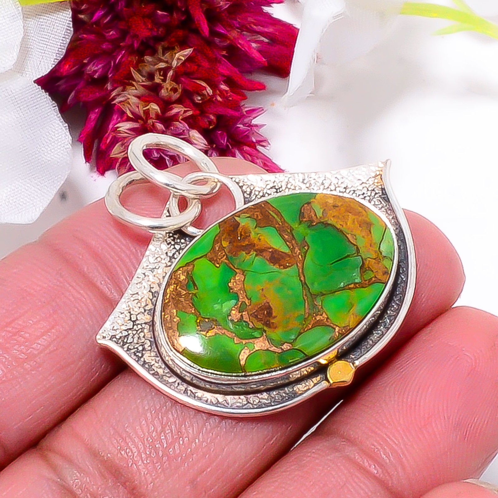 Copper Green Turquoise 925 Sterling Silver Two Tone Designer Pendant 1.37" Sku52