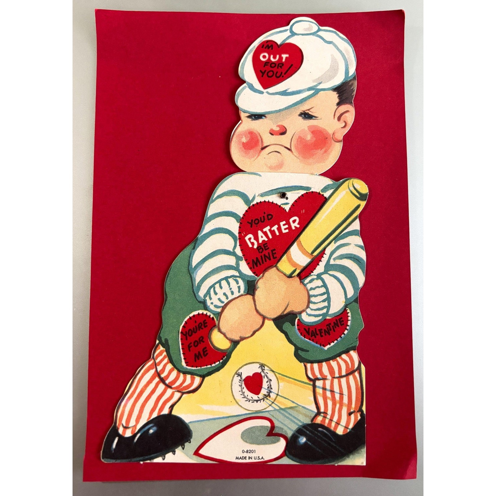 Vintage Mechanical Valentine Card – Baseball Boy, Moveable Head, 1940s USA