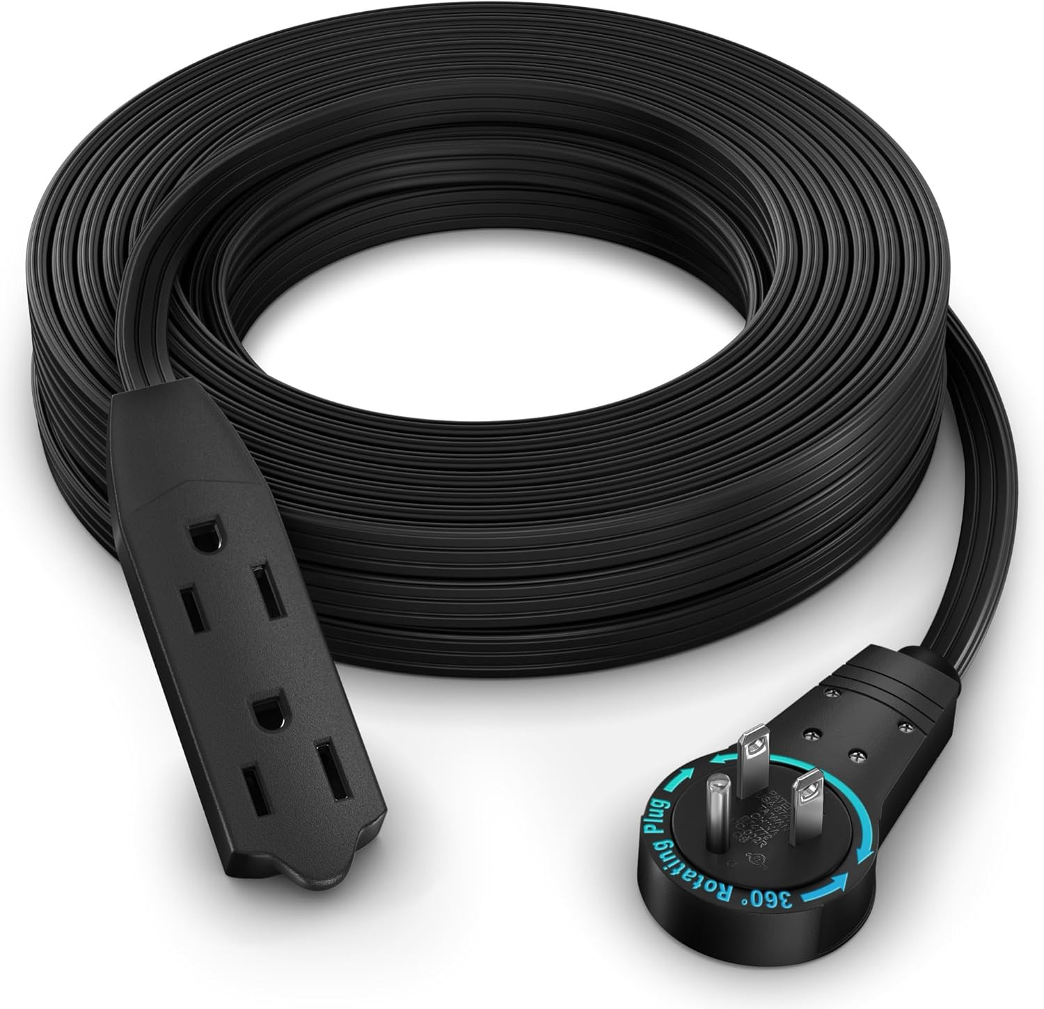 Cable 30 Ft 360° Rotating Flat Plug Extension Cord, 16/3 AWG Multi 3 Outlet 3-Pr