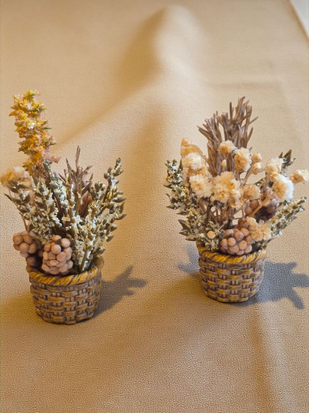 Pair of Autumn Flowers In Baskets 12th Scale rustic Modern Hand Made UK