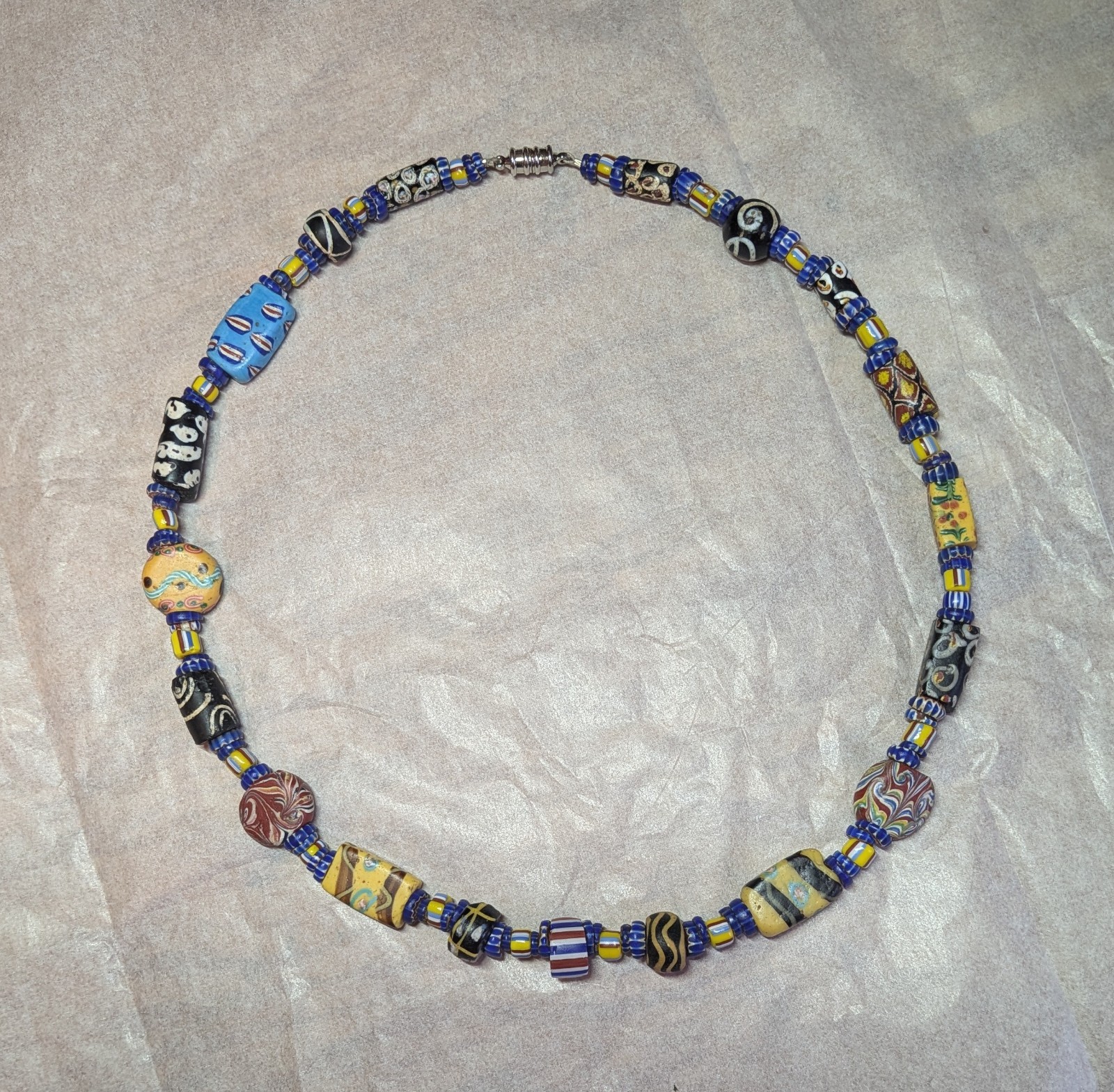 African Trade Bead Necklace Feathers/Tabular/Rattlesnakes/Eyes/Millefiore/Swirls