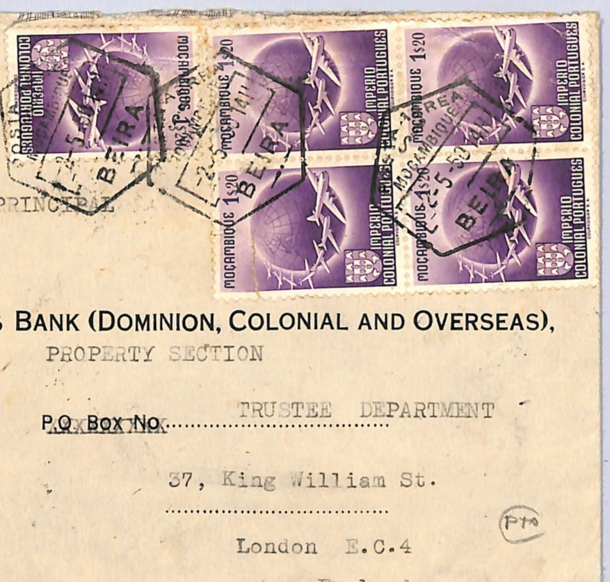 MOZAMBIQUE Cover HIGH RATE AIR MAIL (Both Sides) Beira 1950 London Bank WB230