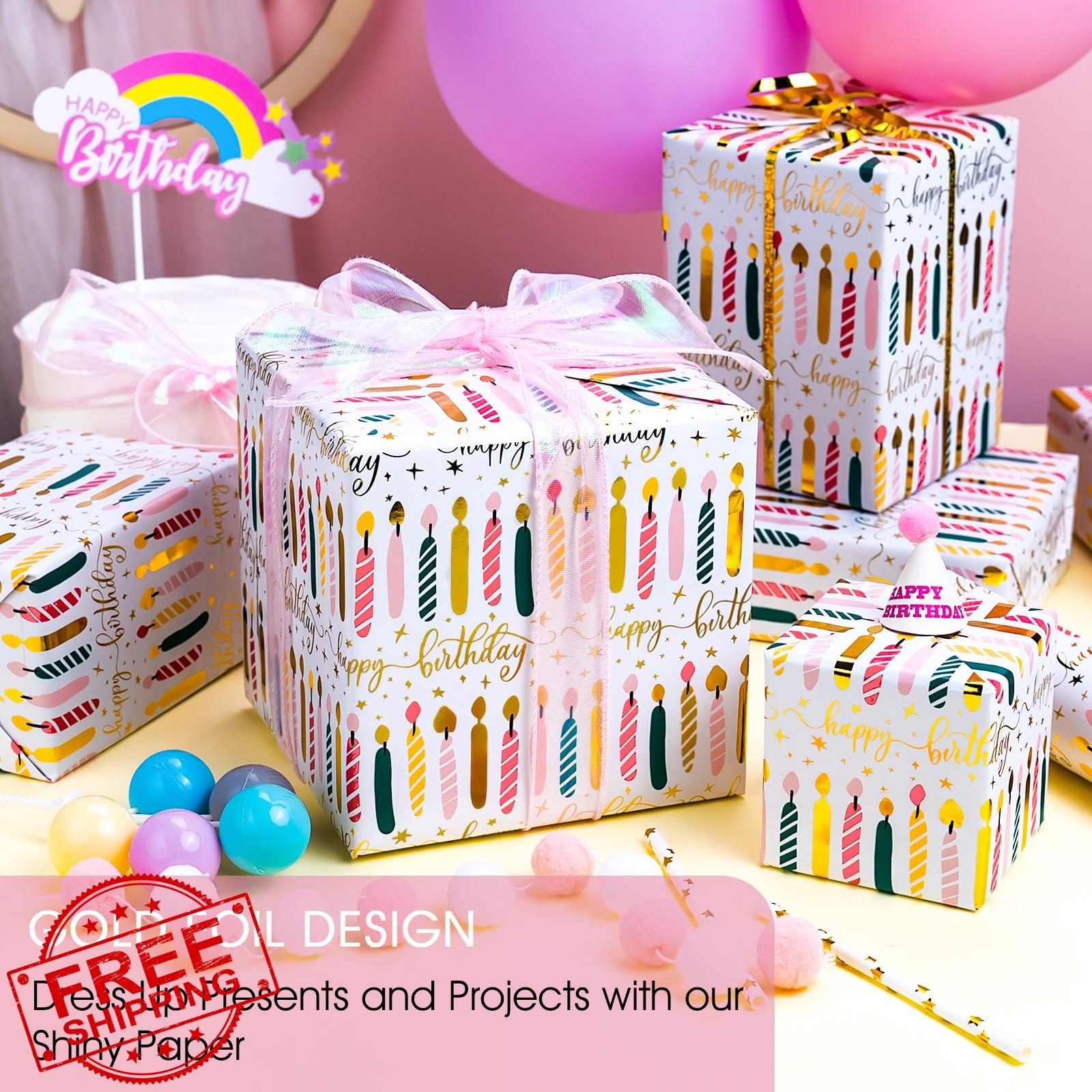 Yarcony Birthday Wrapping Paper Roll Rainbow Gold Foil Candles 17"x33Ft