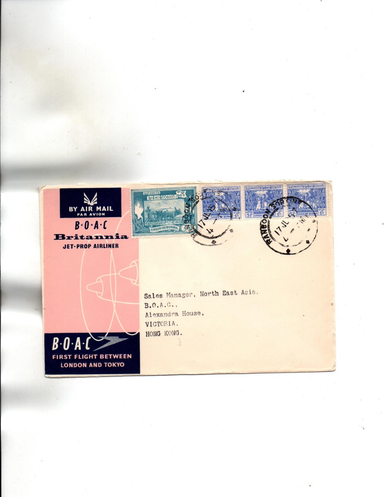 Burma July 17,1957 1 st BOAC flight to HONG KONG Sc#142,148