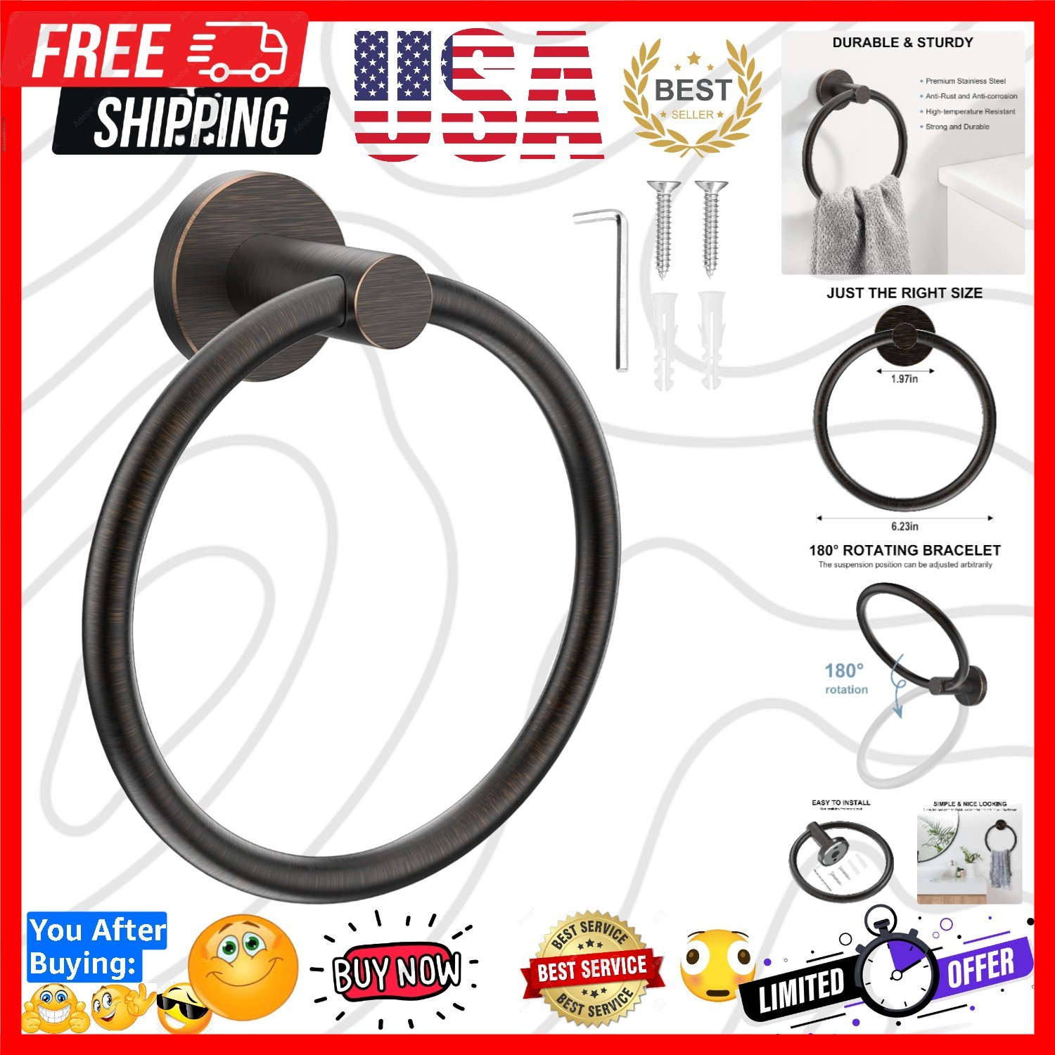 Towel Holder for Bathroom Wall Screw-in Towel Ring Stainless Steel Hand Towel...