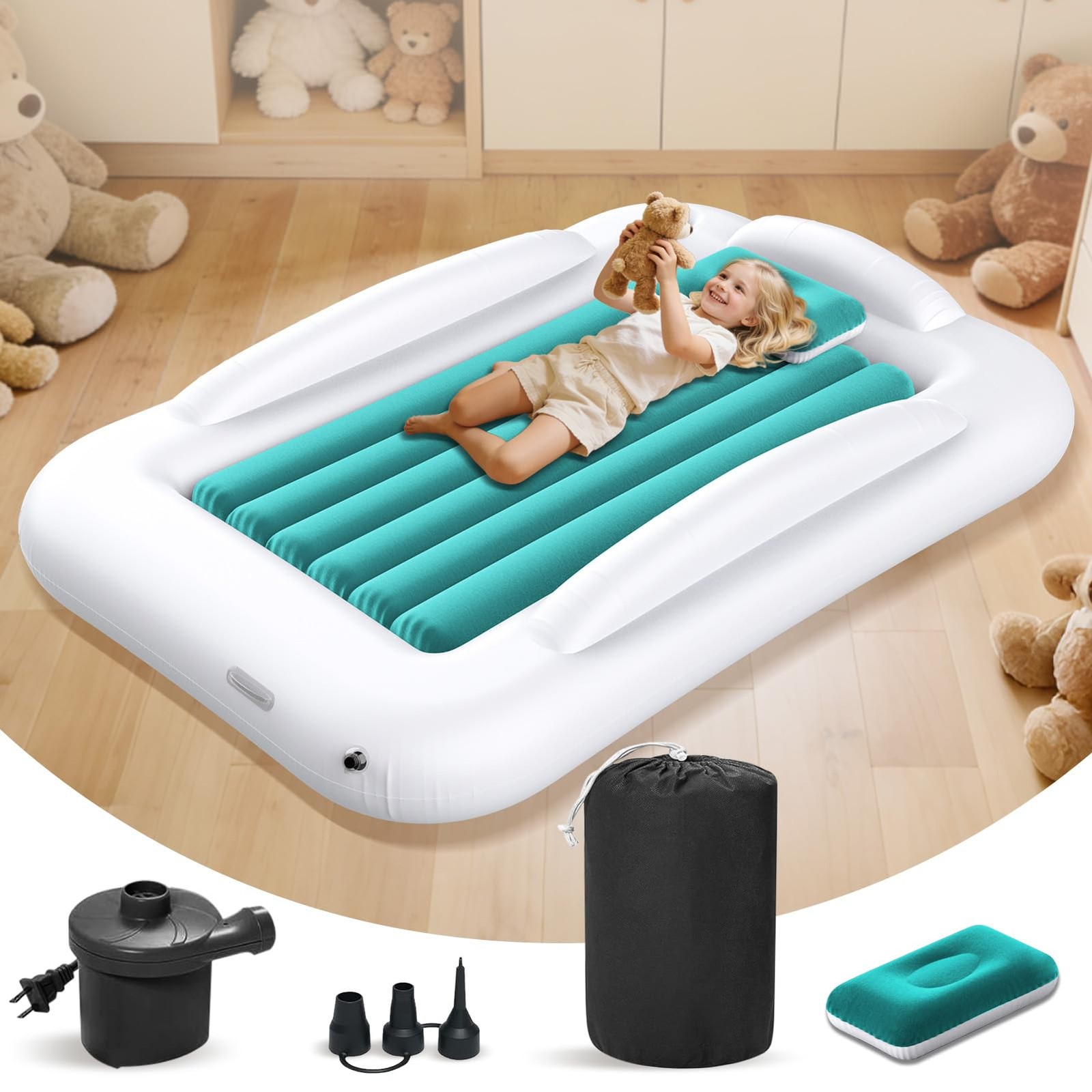Abdtech Inflatable Toddler Travel Bed - Portable Kids Air Mattress Set w/Pump