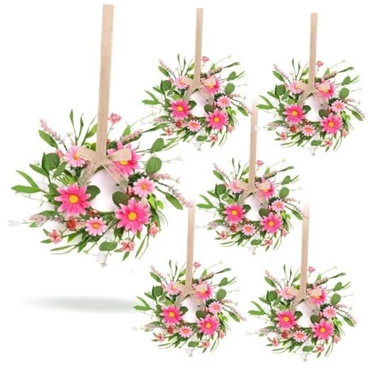 6 Pcs Artificial Spring Summer Swag Wreaths Mini Pink Daisy Floral Wreath 