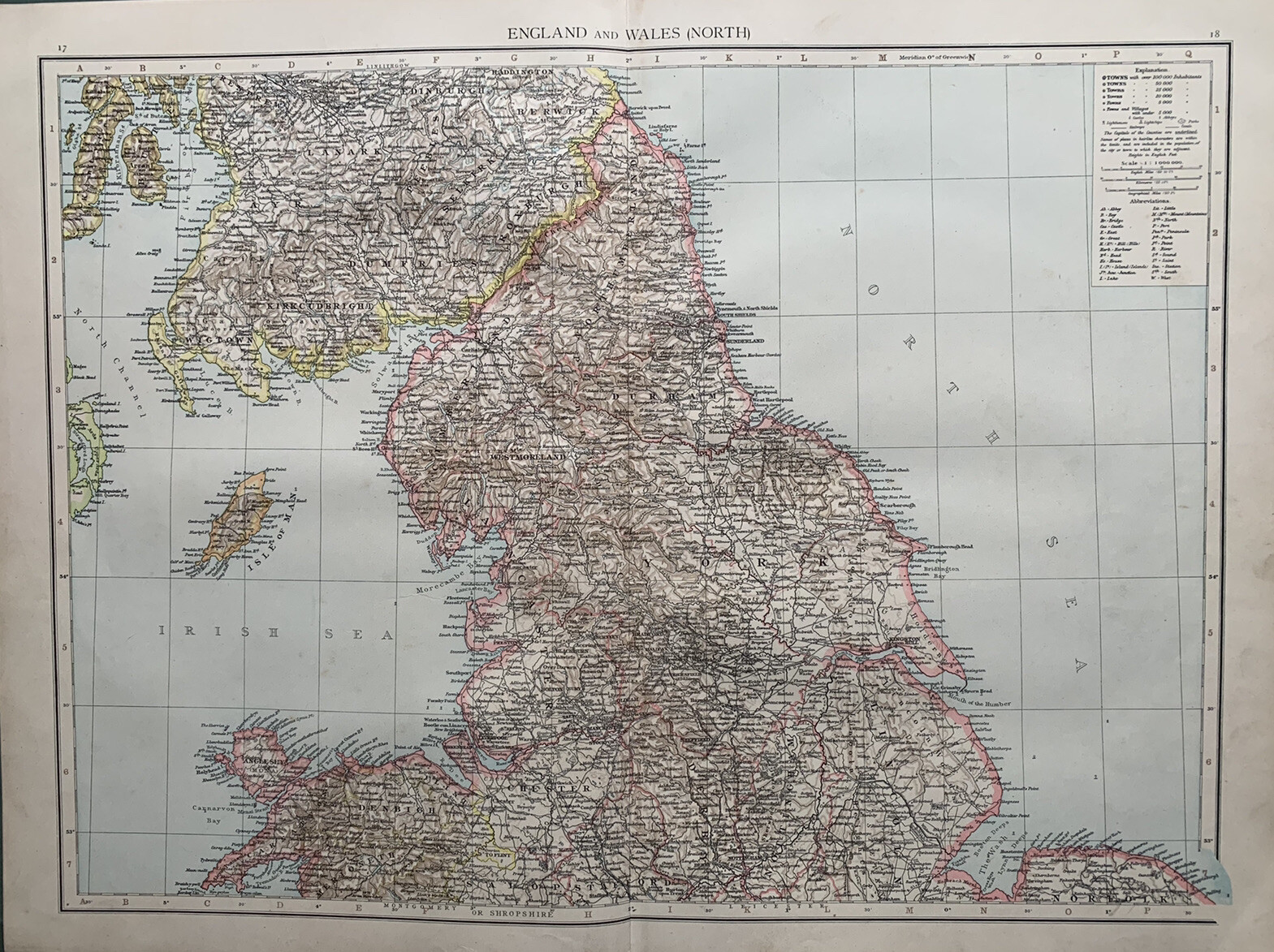 1896 North England & Wales Original Antique Map 125 Years Old