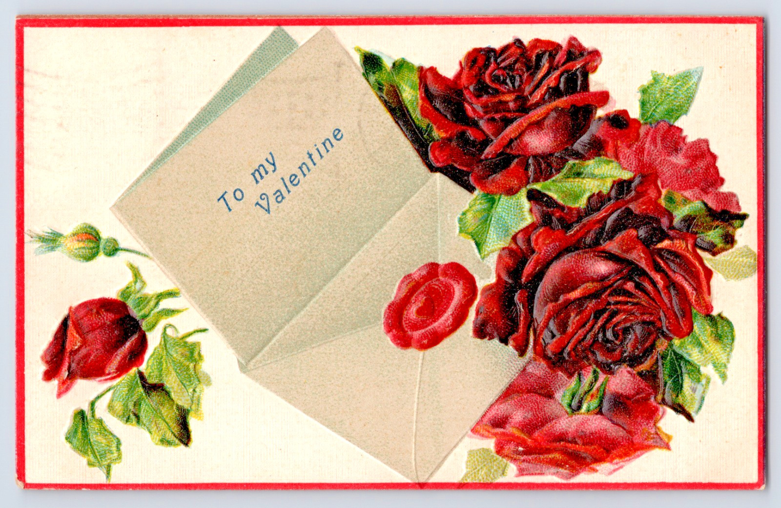 To My Valentine Red Roses Posted 1908 Embossed Antique Postcard