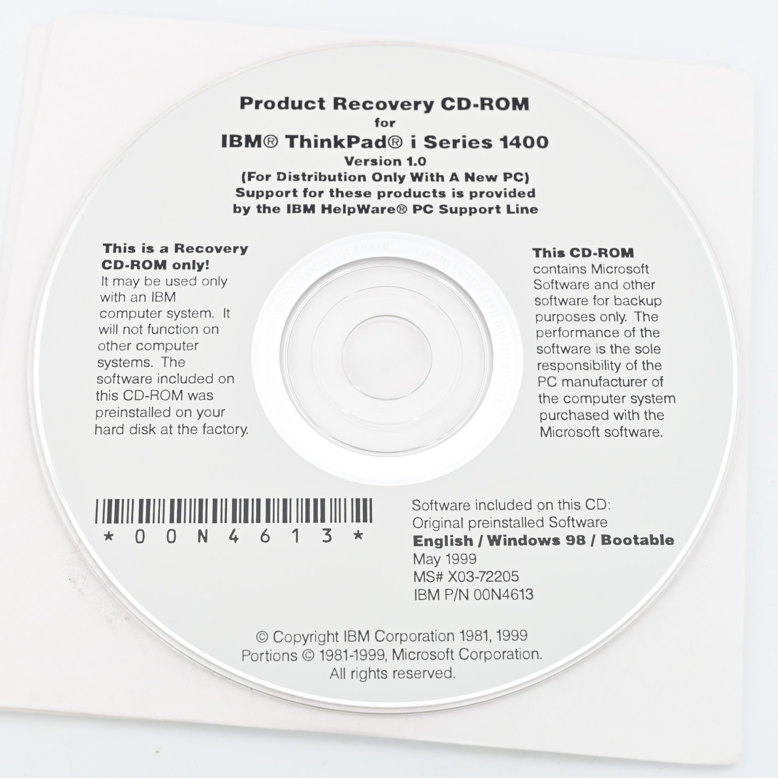 Product Recovery Cd-Rom IBM Thinkpad i Series 1400 Bootable Windows 98 95