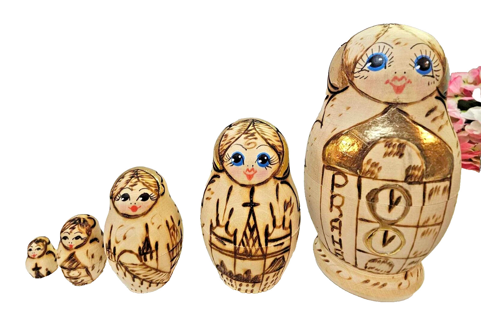 Russian PRAHA matroyshka/matreshka Wooden Nesting Doll handpainted gold accents