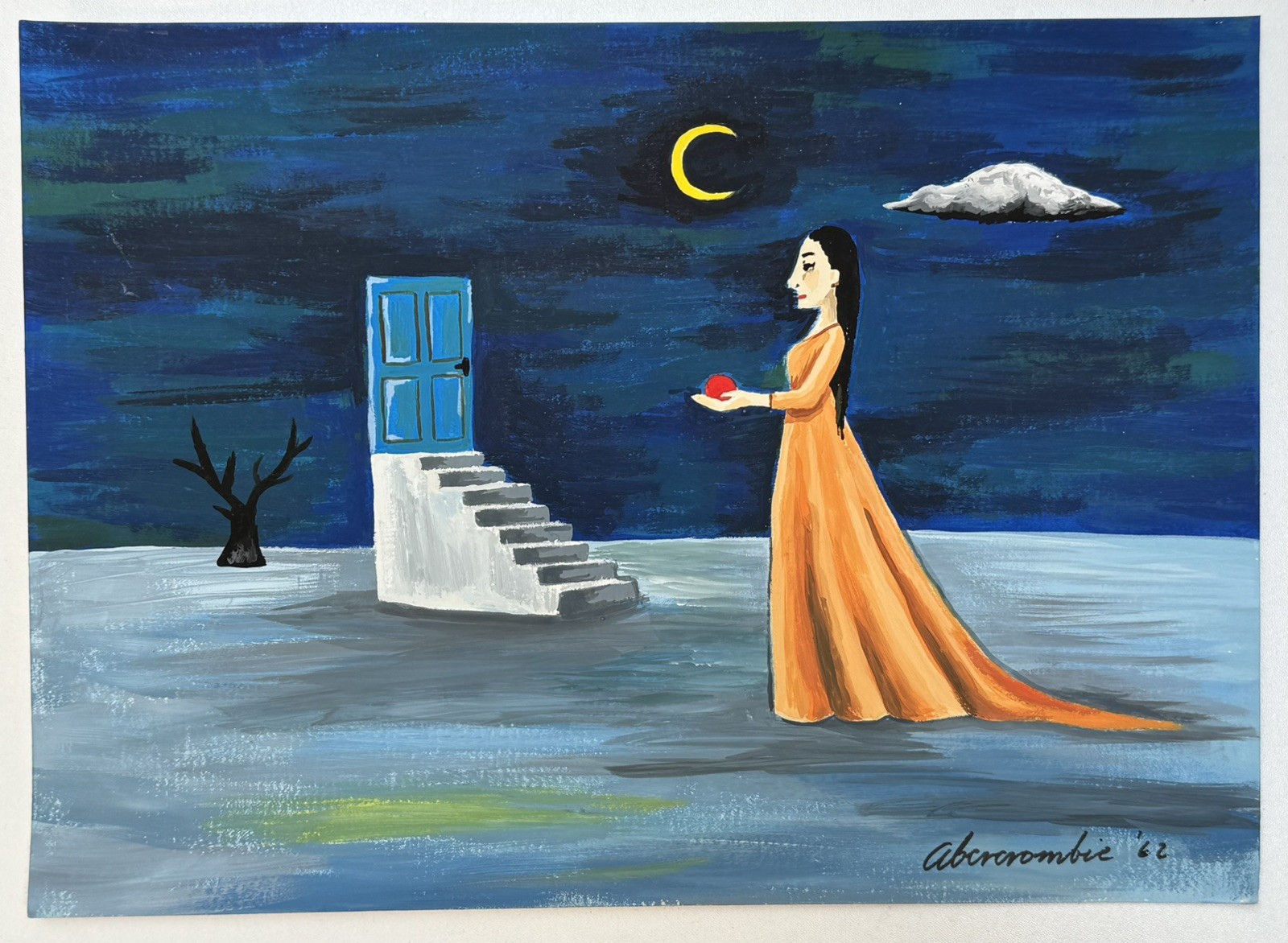 Gertrude Abercrombie (Handmade) Drawing On old Paper Signed & Stamped, Vtg Art