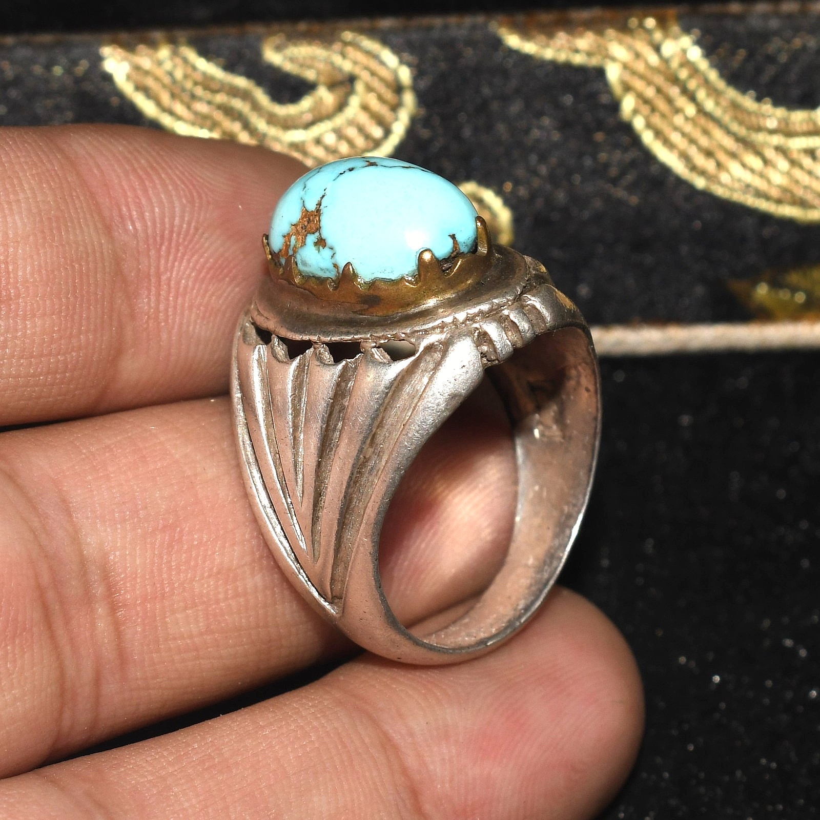Large Antique old Near Eastern Solid Silver ring With Turquoise Stone Bezel