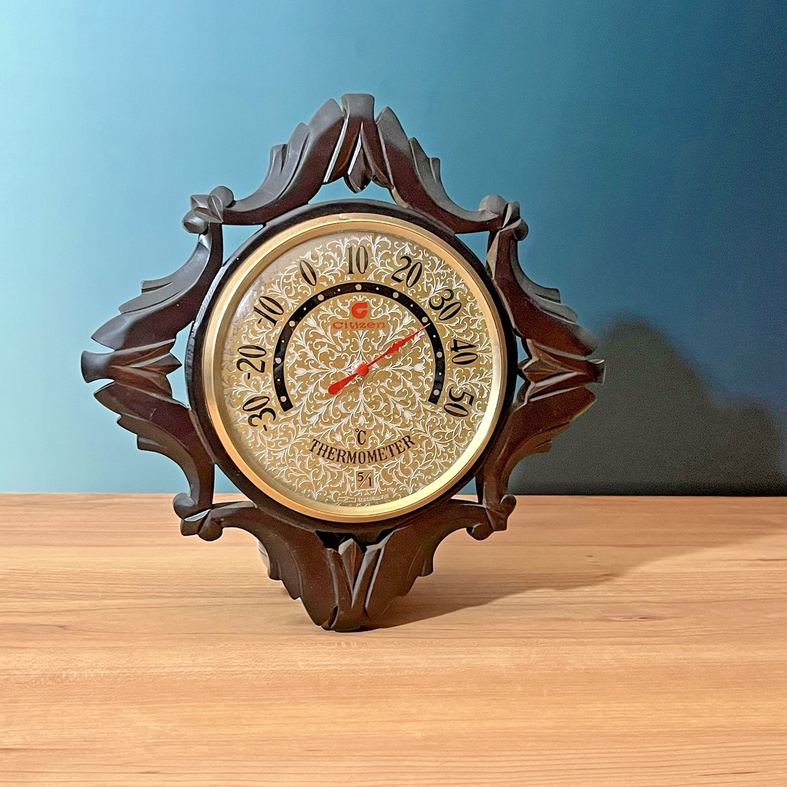 Rare Vintage Citizen Wood Thermometer Hand Carved Mid-Century Retro Japan 60s