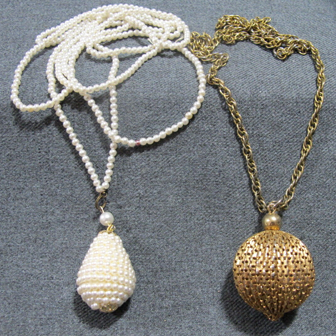 Vintage filigree ball chain goldtone metal + faux pearls ball strap necklaces