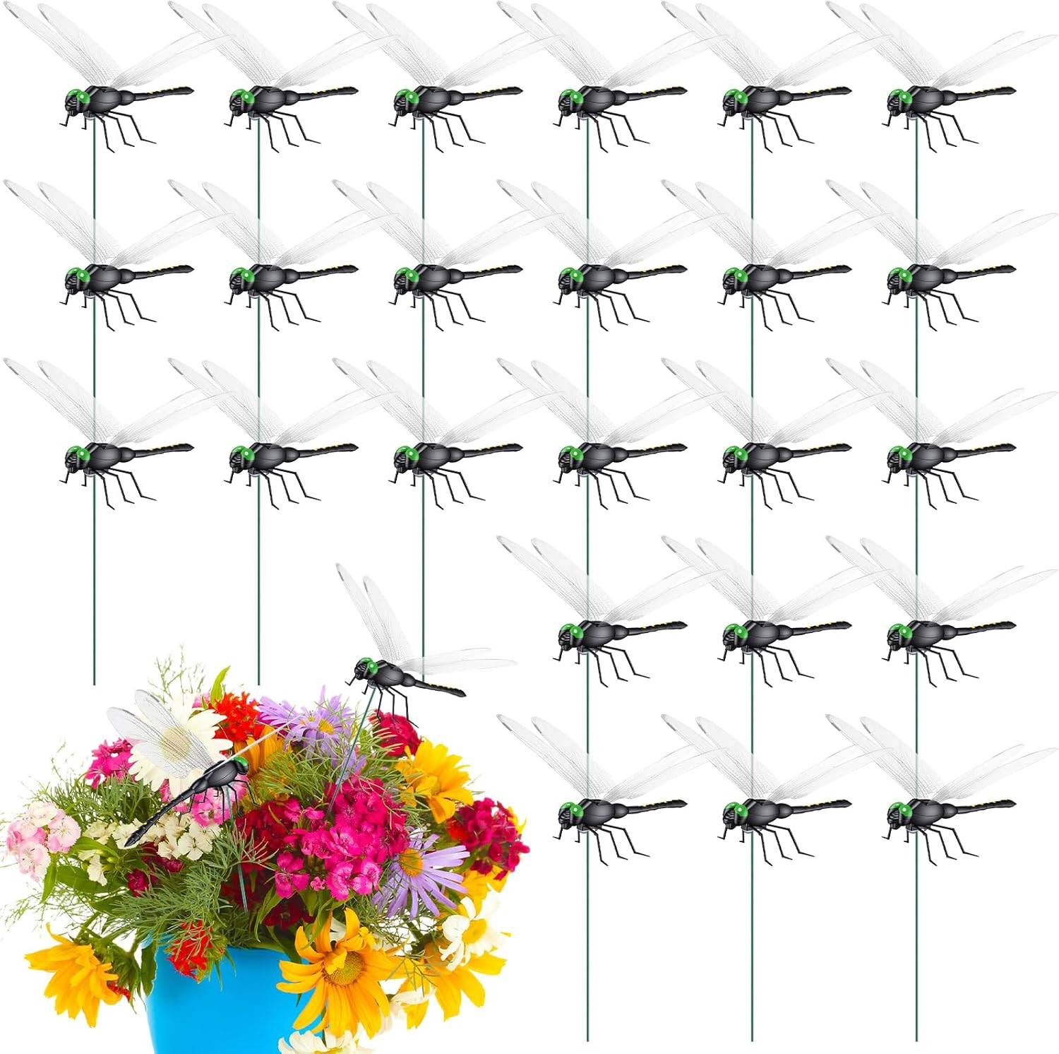 24 Pack Dragonfly Garden Stakes Decor, 12.5 Inches 3D Fake Dragonflies for Doory