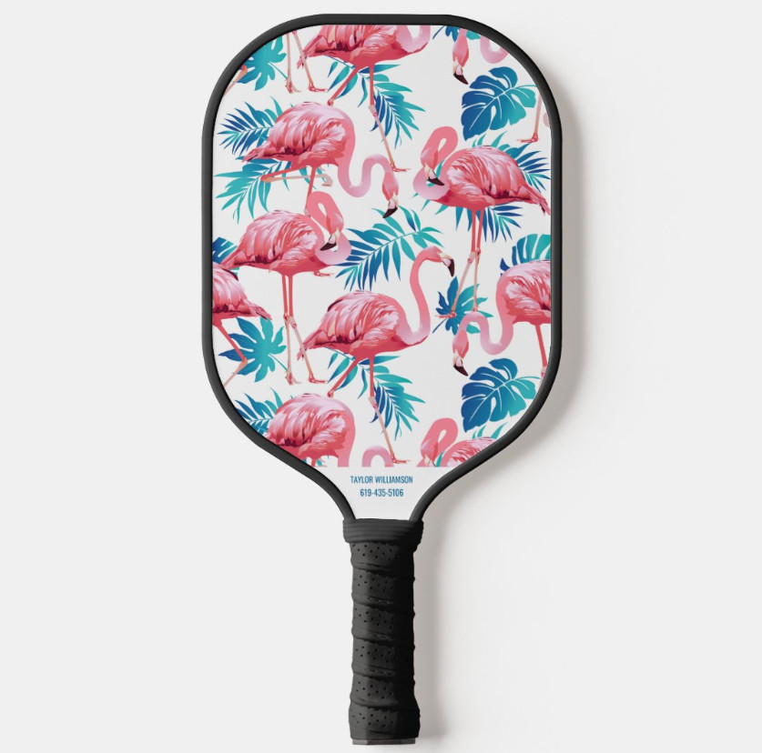 Tropical Flamingo Palm Print Custom Name Phone # Pickleball Paddle