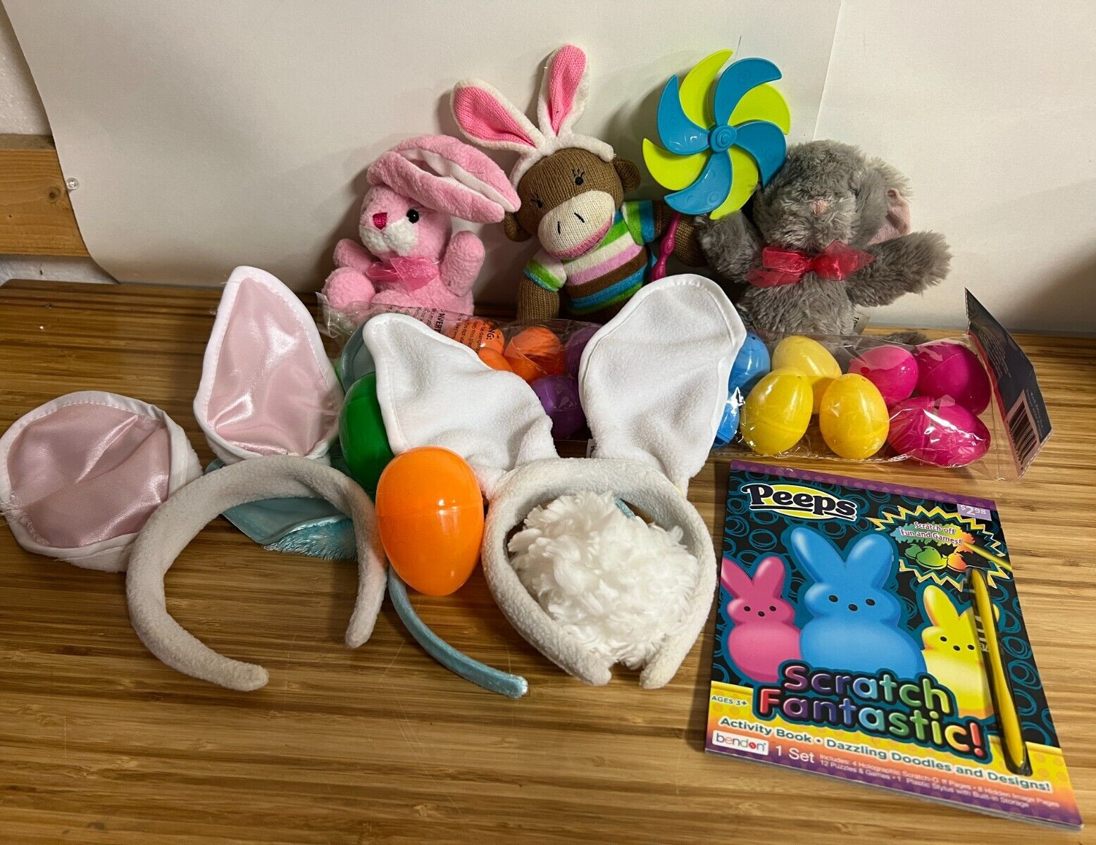 Easter basket items 3 ear bands-Dan Dee sock monkey-2 bunnies eggs activity book