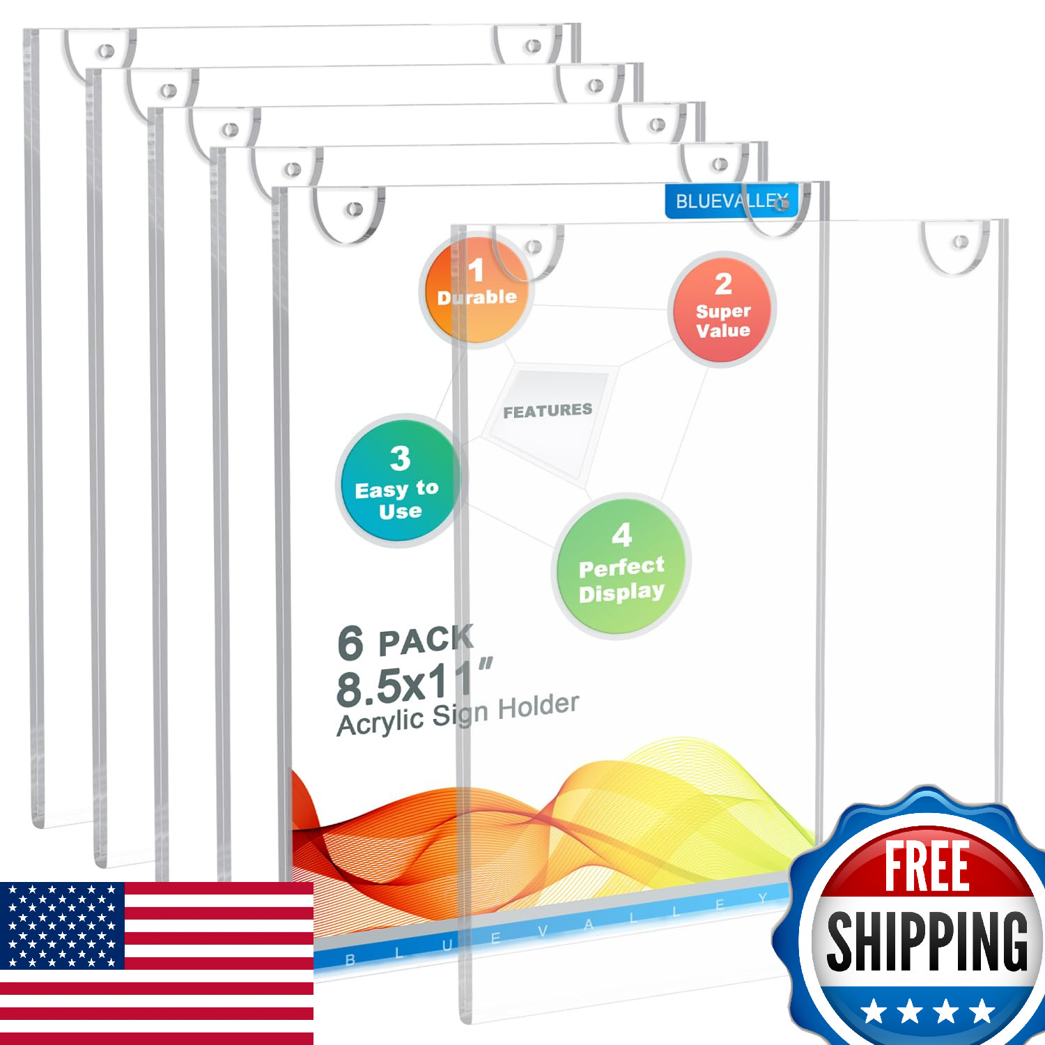 BlueValley 6-Pack Acrylic Sign Holder 8.5x11 Wall Mount Clear Picture Frame