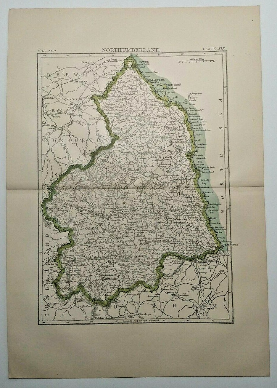 1894 Vintage NORTHUMBERLAND Atlas Map Authentic Antique Encyclopedia Britannica 